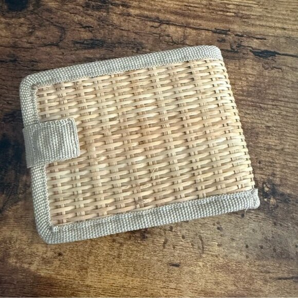 Raffia Straw Weave Rattan Bifold Wallet Snap Closure Tan Cream Boho Eco - Picture 2 of 7